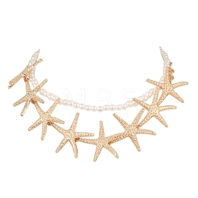 Ocean Imitation Pearl Beaded Alloy Starfish Bib Necklace Sets NJEW-Z116-03G-1
