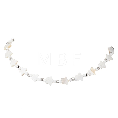 2Pcs 2 Styles Natural White Shell & Brass Moon Star Beaded Necklaces NJEW-JN05854-1