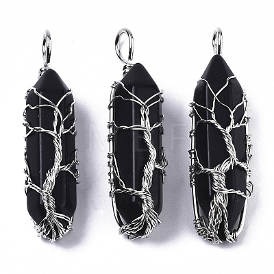 Natural Black Agate Big Wire Wrapped Pointed Pendants G-T133-P02A-1