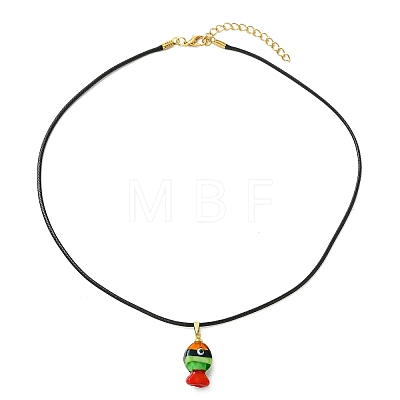 Handmade Lampwork Fish Pendant Black Waxed Cord Necklaces NJEW-JN06331-1
