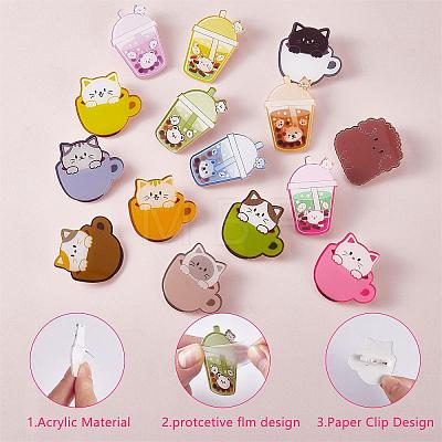 14 Pieces Acrylic Brooch Pins Set Cup Cat and Animal Milk Tea Label Pins Cute Cartoon Animal Badges Pins Creative Backpack Pins Jewelry for Jackets Clothes Hats Decorations JBR111A-1