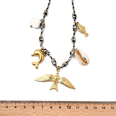 Summer Beach 304 Stainless Steel & Electroplated Natural Shell Pendant Adjustable Polyester Cord Necklaces for Women NJEW-F348-01A-G-1