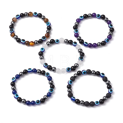 Round Gemstone Beaded Stretch Bracelets BJEW-JB11005-1