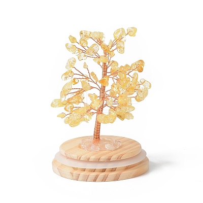 Natural Yellow Quartz Chips Money Tree in Dome Glass Bell Jars with Wood Base Display Decorations DJEW-B007-04F-1