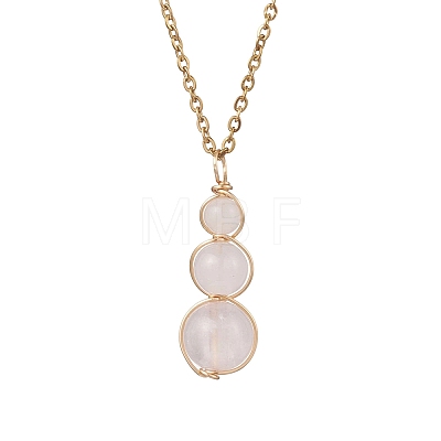 Natural Rose Quartz Round Beaded Gourd Shape Pendant 304 Stainless Steel Cable Chain Necklaces for Women NJEW-JN05656-01-1