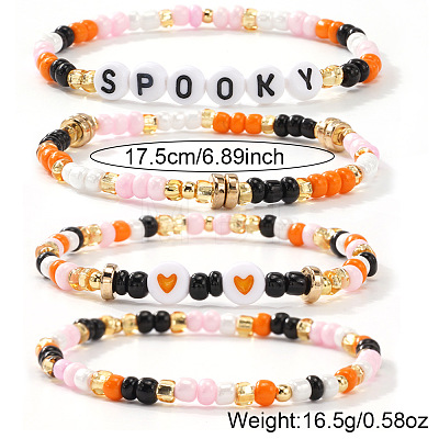 4Pcs 4 Styles Halloween Acrylic & Glass & Brass Stretch Bracelets for Women DL8423-1-1