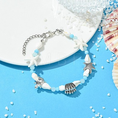 Synthetic Turquoise & Natural Dyed Yellow Jade & Trumpet Shell & Glass & Brass Beaded Bracelets for Women BJEW-JB14105-1