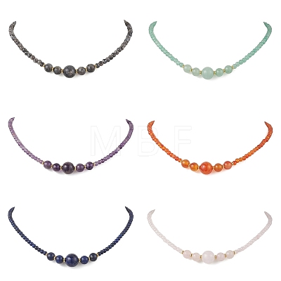 Natural Green Aventurine & Rose Quartz & Larvikite & Lapis Lazuli & Amethyst & Carnelian Round Graduated Beaded Necklaces NJEW-JN05654-1