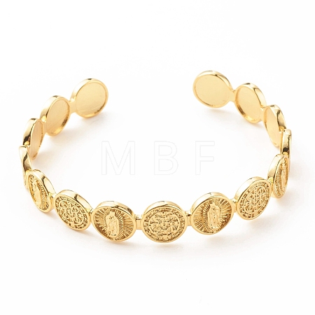 Brass Flat Round with Rosary Jesus Open Cuff Bangle for Women BJEW-B054-04G-1