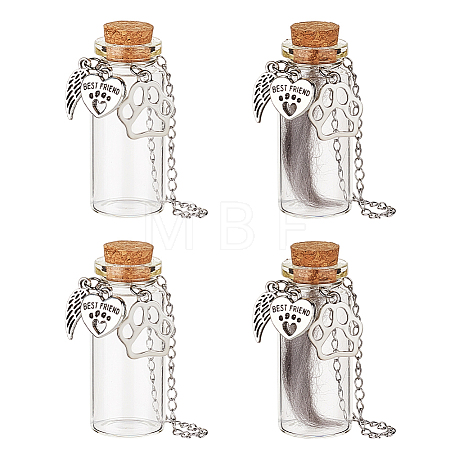 4Pcs Transparent Glass Empty Bottles with Alloy Paw Print Charms AJEW-DR00029-1