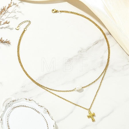 Natural Pearl Rice and 304 Stainless Steel Pendant Double Layer Necklaces for Women NJEW-JN06211-01-1
