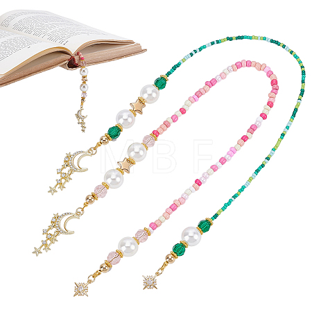 2Pcs 2 Styles Glass & Acrylic & Brass & CCB Plastic Beaded Bookmark HJEW-NB00351-1