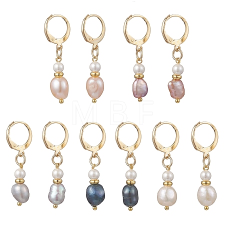 Oval Brass Natural Freshwater Pearl Leverback Earrings EJEW-JE06815-1