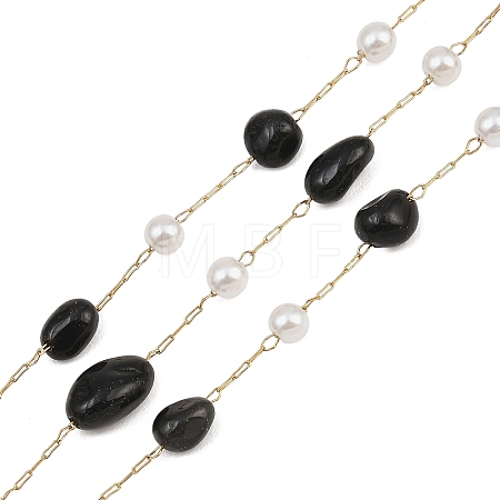 Natural Obsidian Nuggets & 316 Stainless Steel Handmade Link Chains CHS-K021-14G-02-1
