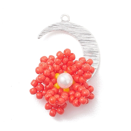 Glass Seed Beaded Moon & Flower Pendants PALLOY-MZ01185-04-1
