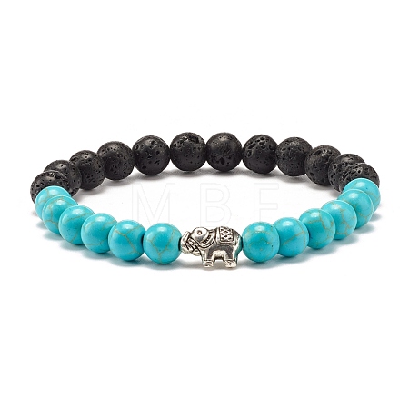 Round Synthetic Turquoise & Natural Lava Rock Stretch Bracelet BJEW-JB07470-02-1