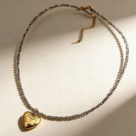 304 Stainless Steel I Love You Heart Pendant Gray Faceted Glass Beaded Necklaces for Women NJEW-F370-01B-G-1
