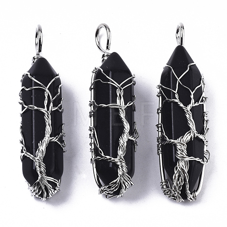 Natural Dyed & Heated Black Agate Big Wire Wrapped Pointed Pendants G-T133-P02A-1