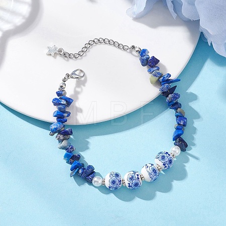 Dyed Natural Lapis Lazuli Chip & Handmade Flower Printed Porcelain Beads Bracelets for Women BJEW-JB12968-1