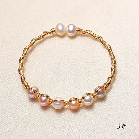 Brass Wire Wrapped Round Natural Freshwater Pearl Cuff Bangles for Women WG890F6-02-1