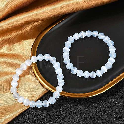 Dyed Natural Selenite Round Beaded Stretch Bracelets for Women G-U005-02H-1