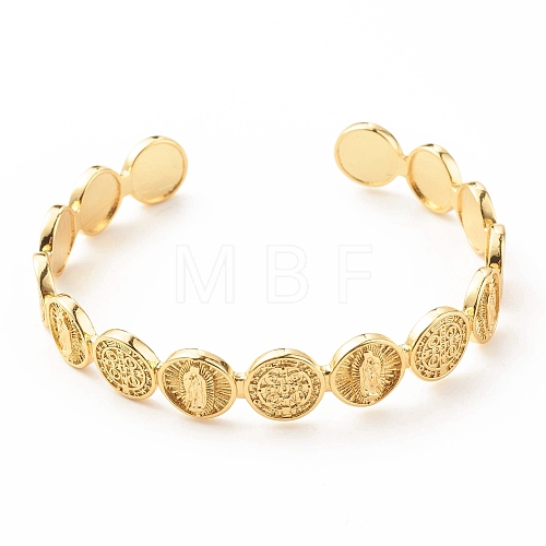 Brass Flat Round with Rosary Jesus Open Cuff Bangle for Women BJEW-B054-04G-1