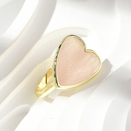 Heart Brass Natural Rose Quartz Finger Rings RJEW-D304-01G-B-1