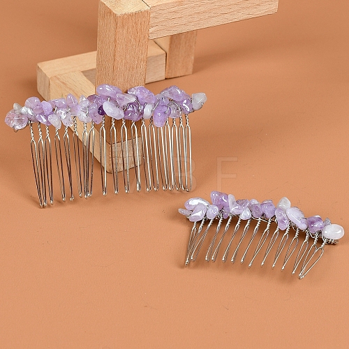 Natural Amethyst with Metal Chips Hair Combs PW-WG93284-01-1
