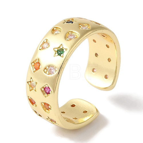 Brass Micro Pave Colorful Cubic Zirconia Star/Rhombus/Heart Wide Open Cuff Rings for Women RJEW-C098-31G-1