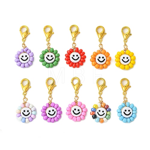 Flat Round with Smiling Face Glass Seed Pendant Decorations HJEW-MZ00093-1