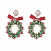 Glass Pearl Braided Christmas Wreath Dangle Stud Earrings EJEW-TA00082-1