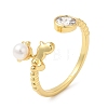 Plastic Pearl Christmas Deer Open Cuff Ring with Cubic Zirconia RJEW-R139-01G-3