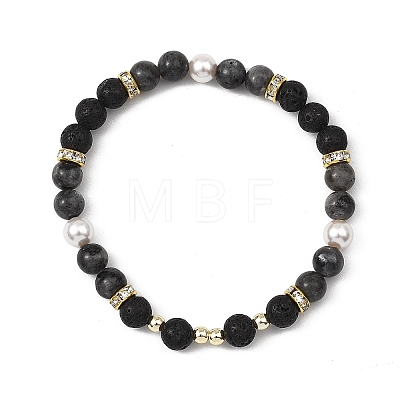 3Pcs 3 Styles Natural Lava Rock & Larvikite & Shell Pearl Beaded Stretch Bracelets for Kids BJEW-JB14097-1