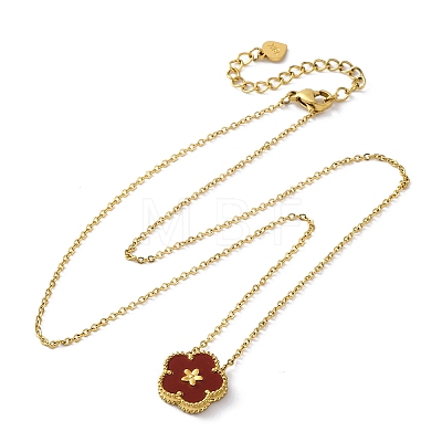 304 Stainless Steel Dark Red Enamel 5-Petal Flower Pendant Necklaces for Women NJEW-U032-17G-04-1