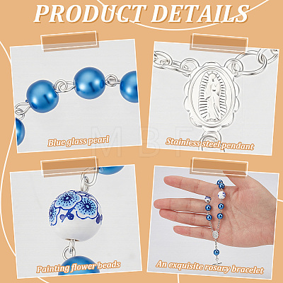 50Pcs Plastic Imitation Pearl and Porcelain Round Link Metal Virgin Cross Charm Rosary Bracelets BJEW-WA0001-07A-1
