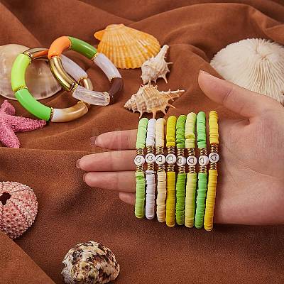 10Pcs 10 Style Handmade Polymer Clay Heishi Beaded Stretch Bracelets Set with Heart BJEW-SW00036-04-1