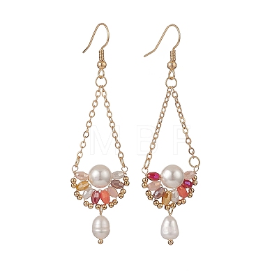 Natural Pearl & Glass Teardrop with Flower Dangle Earrings EJEW-TA00222-04-1
