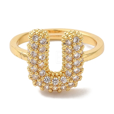 Rack Plating Letter Brass Micro Pave Clear Cubic Zirconia Adjustable Rings for Women KK-S391-03G-U-1