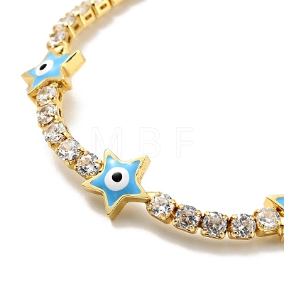 Star with Evil Eye Enamel Link Bracelet with Clear Cubic Zirconia Tennis Chains BJEW-G650-01G-1