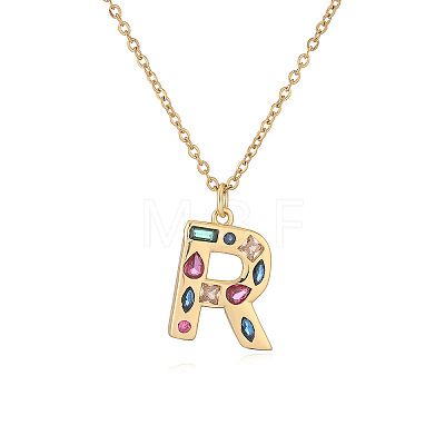 Brass Pave Colorful Cubic Zirconia Initial Pendant Necklaces for Women FS-WG02860-18-1