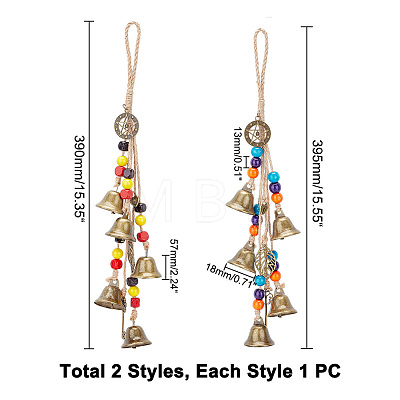AHADERMAKER 2Pcs 2 Style Brass Hanging Wind Chime Ornaments with Round & Square Wood Beads AJEW-GA0005-68-1
