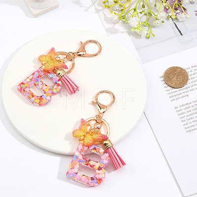 Fashion Alphabet Initial Letter Resin Keychain with Tassel Gradient Butterfly Pendant Key Ring KEYC-WH0027-105B-1