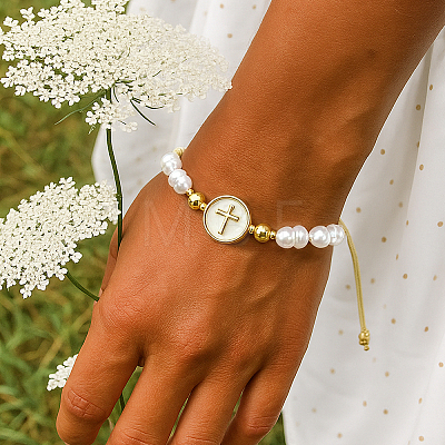 Adjustable Brass Flat Round with Religion Cross & Imitation Pearl Braided Bead Bracelets for Women FT2047-1