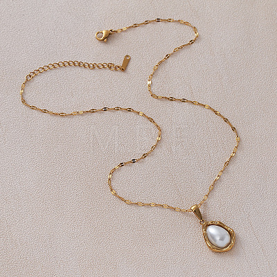 Vintage Stainless Steel & Imitation Pearl Teardrop Pendant Necklaces for Women ZZ4514-1