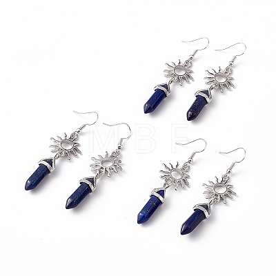 Natural Lapis Lazuli Bullet with Sun Dangle Earrings EJEW-I276-01P-14-1