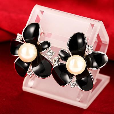 Flower Real Platinum Plated Tin Alloy Rhinestone Pearl Enamel Ear Studs For Women EJEW-BB13560-1