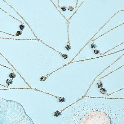Natural Paua Shell Geometric Y Pendant Brass Double Layered Necklaces NJEW-JN06532-1