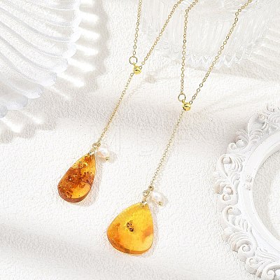 Natural Amber Teardrop Pendant Lariat Y Necklaces with Brass Cable Chains and Natural Pearl for Women NJEW-JN06607-1