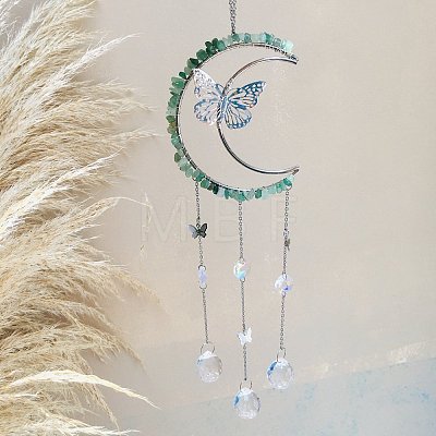 Natural Green Aventurine Chip Wrapped Moon with Butterfly Hanging Ornaments PW-WG67734-03-1