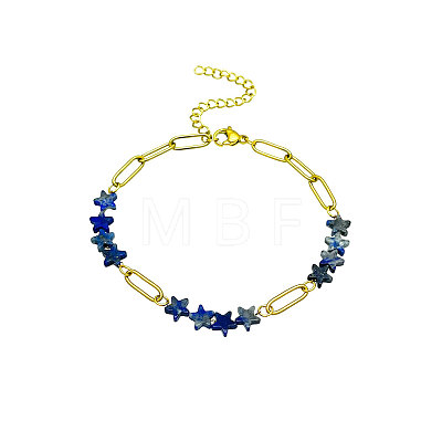 Natural Sodalite Star Beaded Bracelets with 304 Stainless Steel Paperclip Chains WGC91F5-02-1